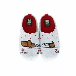 MARPEN SLIPPERS Damen Hausschuhe Pantoletten Pantoffeln Hund Weiß/grau - Weiß